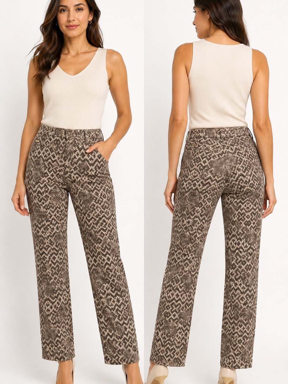 St. John Taupe Snake-Print Straight Leg Pants Size 12